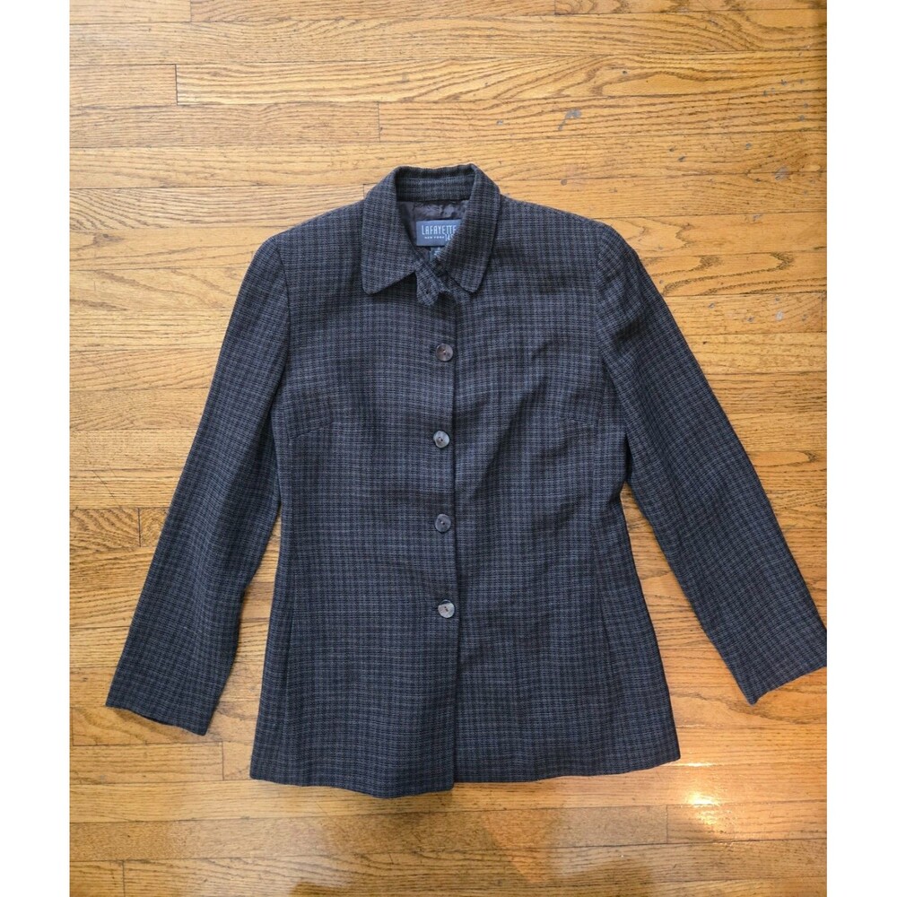 Vtg Lafayette 148 Womens Brown Plaid Wool Button Up Blazer Size 10 Career
